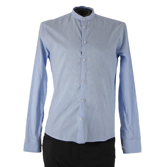 Emile Lafaurie Sz S Light Blue White Check Collarless Nehru Cotton Linen Shirt - Picture 1 of 16